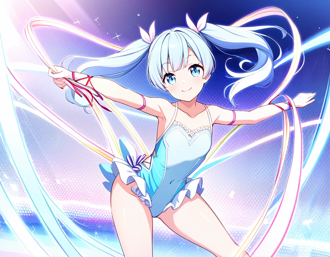Beautiful girl with long light blue hair, twin tails, rhythmic gymnastics ribbon, cute leotard, bright smile
