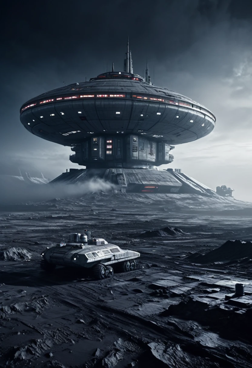 a soviet moonbase, large futuristic starship in the background, extremely detailed, cinematic lighting, epic scale, photorealistic, 8k, award winning photograph, dramatic atmosphere, realistic textures, volumetric fog, gritty and grounded, moody tones, dramatic shadows, rich color palette, intricate details, seamless blend of science fiction and realism
