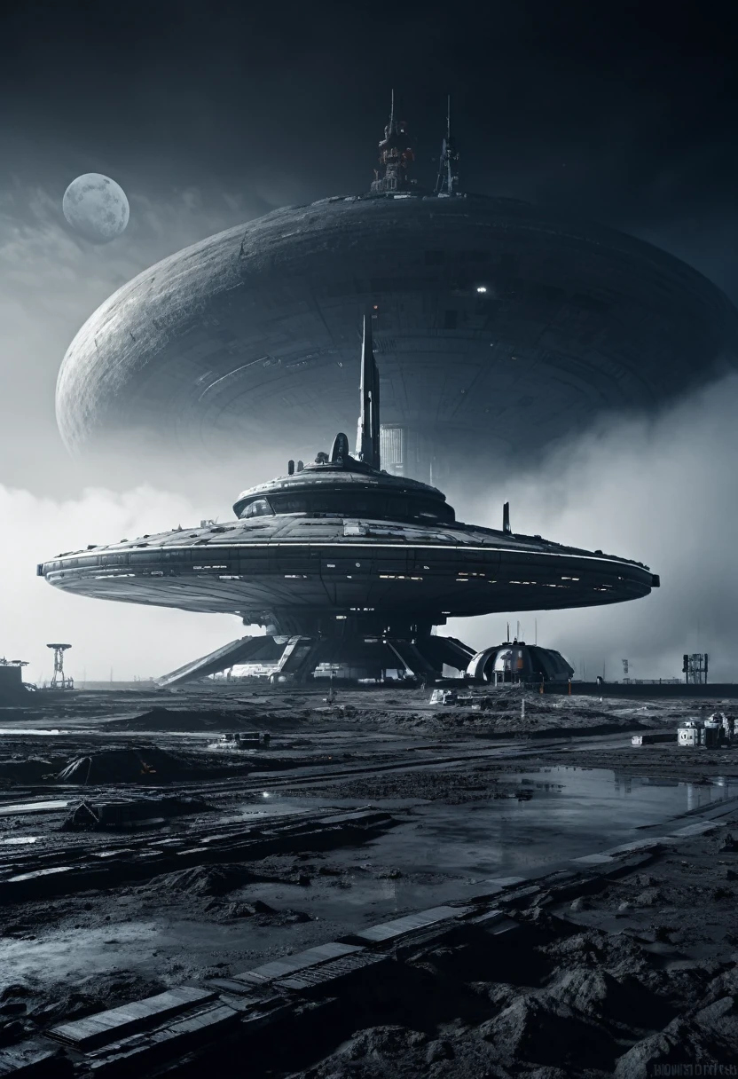 a soviet moonbase, large futuristic starship in the background, extremely detailed, cinematic lighting, epic scale, photorealistic, 8k, award winning photograph, dramatic atmosphere, realistic textures, volumetric fog, gritty and grounded, moody tones, dramatic shadows, rich color palette, intricate details, seamless blend of science fiction and realism