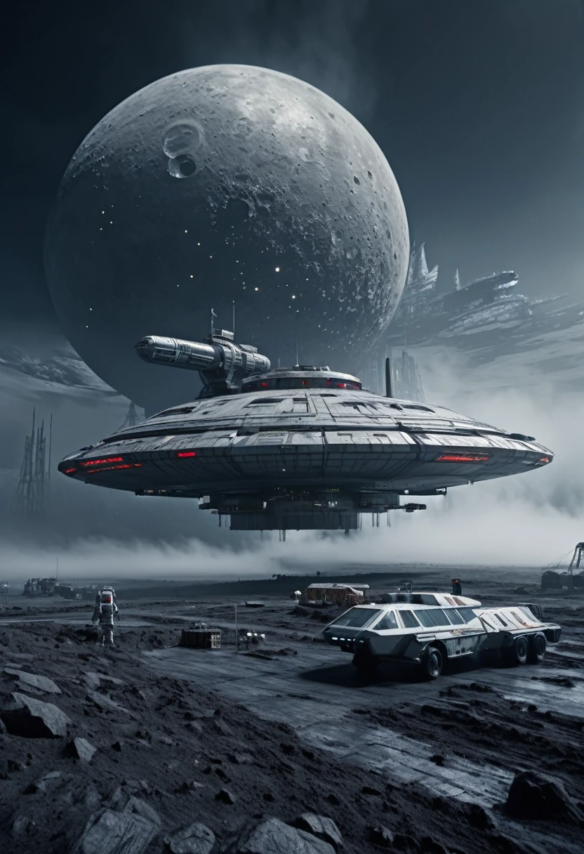 a soviet moonbase, large futuristic starship in the background, extremely detailed, cinematic lighting, epic scale, photorealistic, 8k, award winning photograph, dramatic atmosphere, realistic textures, volumetric fog, gritty and grounded, moody tones, dramatic shadows, rich color palette, intricate details, seamless blend of science fiction and realism