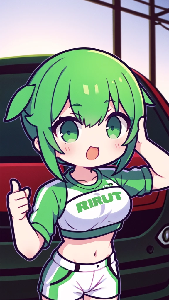 girl short greenish hair giving a thumbs up to the camera sad automotive sportswear