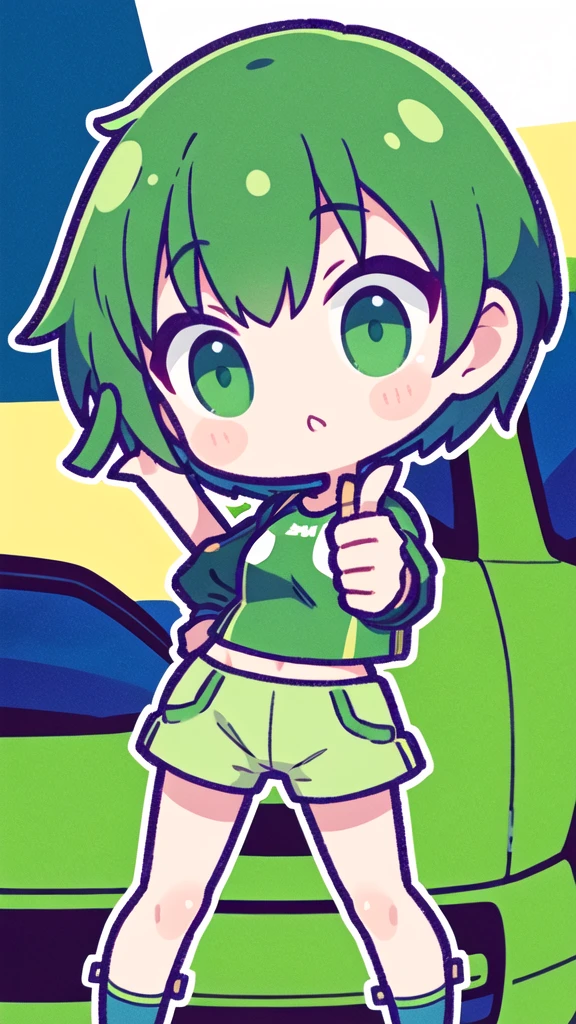 girl short greenish hair giving a thumbs up to the camera sad automotive sportswear