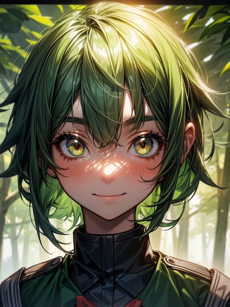 Young girl, short, messy green hair framing a face dominated by large, curious brown eyes and a warm smile. The uniform she wore identified her as a high school student. She is in a forest.