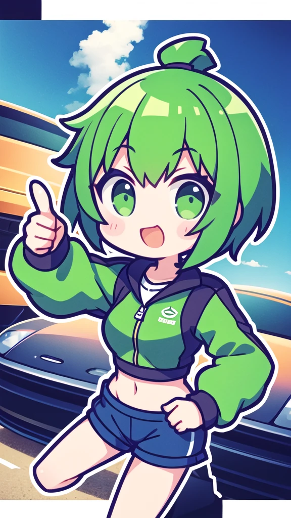 girl with short greenish hair giving a thumbs up to the camera automotive sportswear

