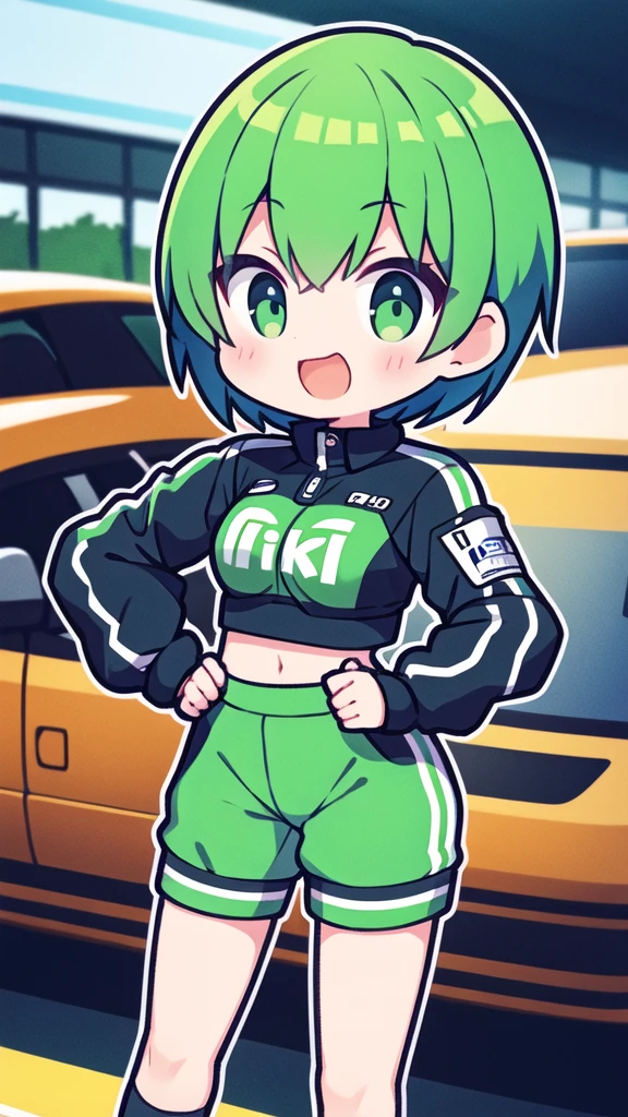 girl with short greenish hair giving a thumbs up to the camera automotive sportswear