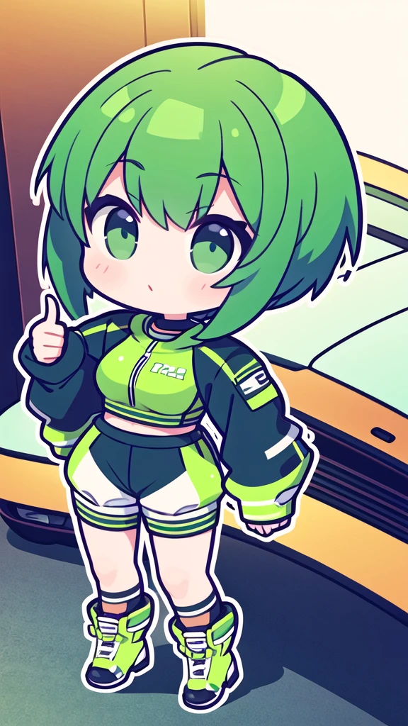 girl with short greenish hair giving a thumbs up to the camera automotive sportswear
