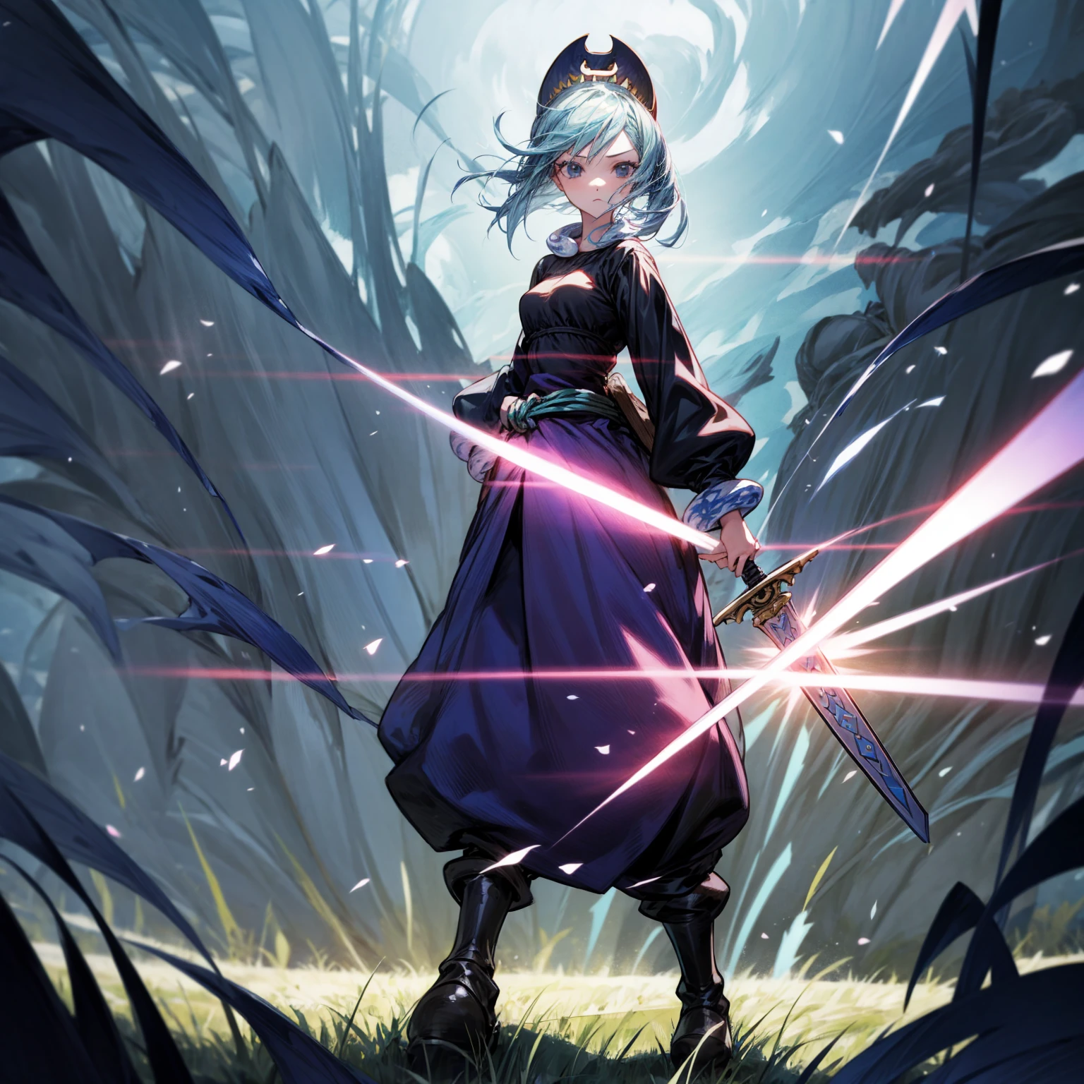 1girl, Full body version, 1character, black eyes, long Frizzy haircut, blue colour hair, medieval clothing, long pants, headband, boots, Grassroots, full background in field town, motion blur, lighting, (one piece art), standing poses, sword in hand