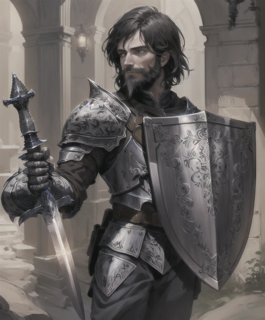 absurdres,beautiful and detailed illustration,masterpiece,best quality,ultra-detailed,soft lighting,1boy, cowboy shot, solo, solo focus, armor, knight, intricate armor, intricate shield, holding shield, holding greatsword,  drawn in the artstyle of  short black hair and beard 