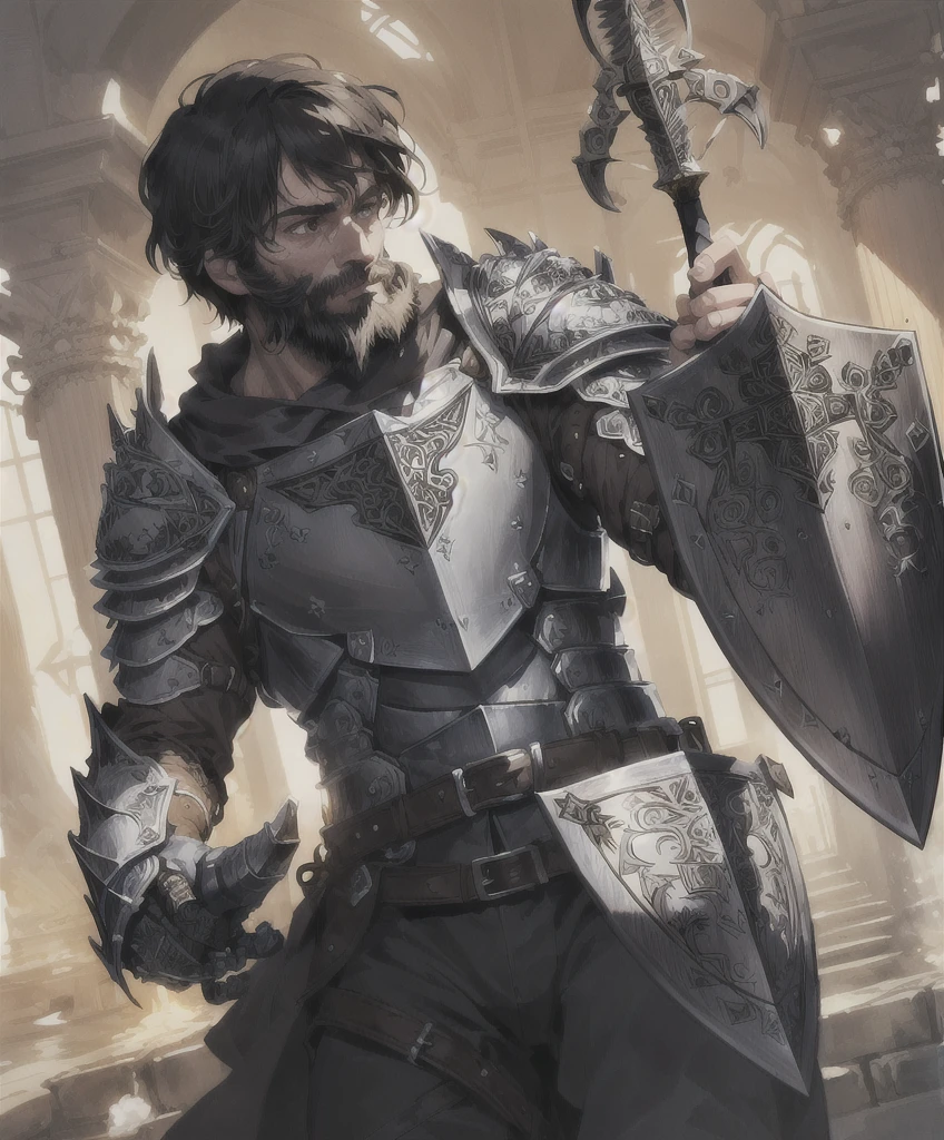 absurdres,beautiful and detailed illustration,masterpiece,best quality,ultra-detailed,soft lighting,1boy, cowboy shot, solo, solo focus, armor, knight, intricate armor, intricate shield, holding shield, holding greatsword,  drawn in the artstyle of  short black hair and beard 