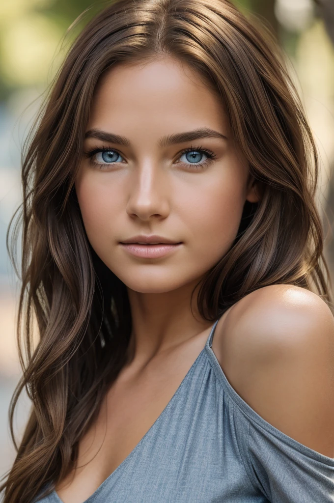 (high resolution:1.3), (8k, photorealistic, RAW photo, best quality: 1.4), american, (1girl), beautiful face, (realistic face), (brown hair, shoulder length hair:1.3), beautiful wavy hairstyle, realistic bluish-grey colored eyes, beautiful detailed eyes, (realistic skin), beautiful skin, attractive, ultra high res, ultra realistic, highly detailed, golden ratio, Sun baby, Sun , female, of the universe made in her image