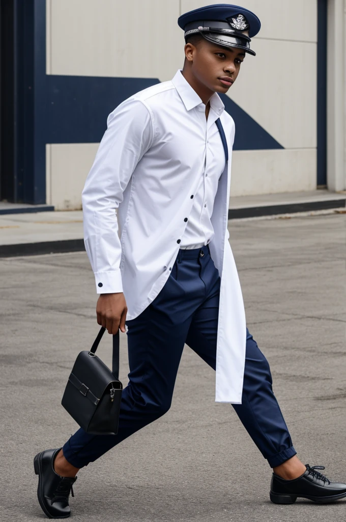 Student with white long sleeve shirt. Navy blue pants.. Black shoes and white glove.. military cap