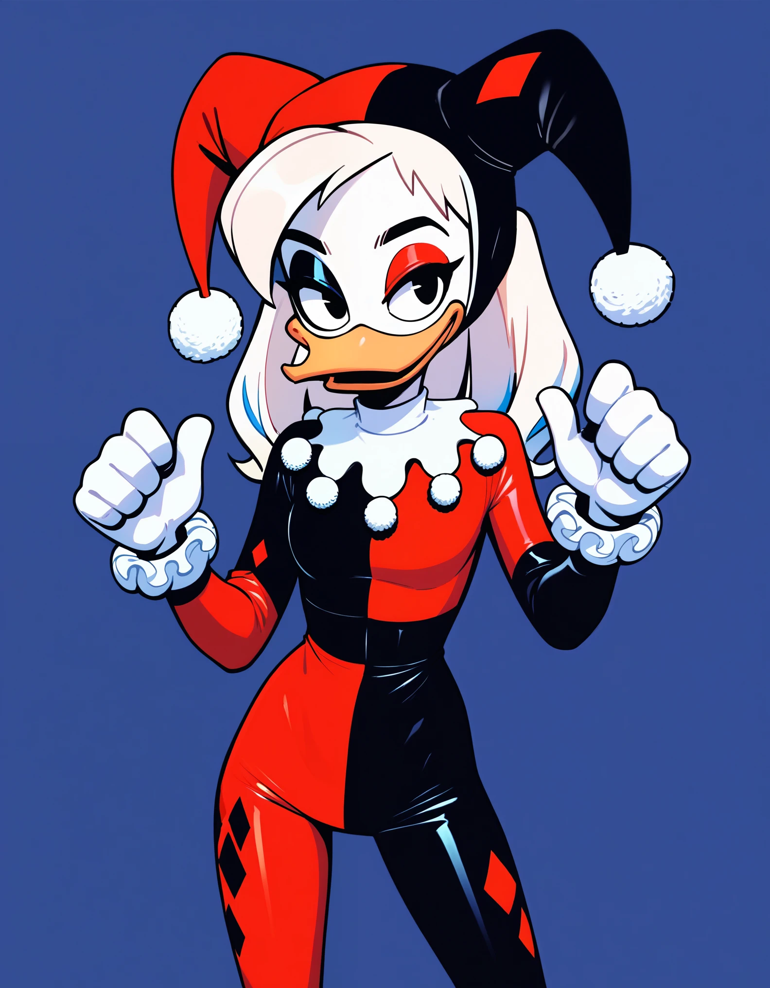 score_9, score_8_up, score_7_up, score_6_up, source_furry, by ducktales, anthro duck, white hands, della duck, white hair, black eyes, narrowed eyes, happy, clothed, clothing, (Harley Quinn costume, Harley Quinn clothing,  jester cap, multicolored bodysuit), standing, white skin, solo, night