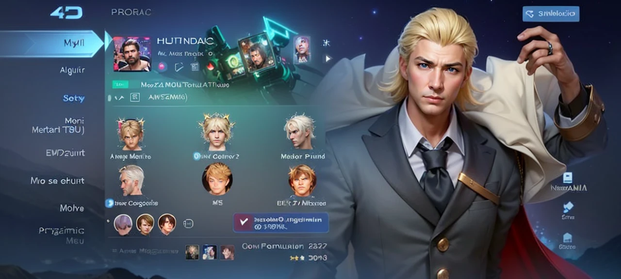 
The image is a screenshot from a video game character selection screen,masculine male, masterpiece, ((perfect eyes)) best quality, (semirealism:1.9), beautiful lighting, (extremely detailed CG unity 4k fhd wallpaper), High Detail, Sharp focus, dramatic outdoors, 1 man ,30 years old, featuring a male, hand gold, blonde hair and black a suit. 