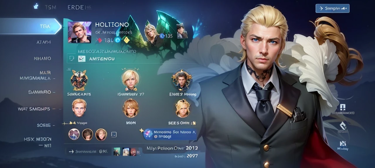 
The image is a screenshot from a video game character selection screen,masculine male, masterpiece, ((perfect eyes)) best quality, (semirealism:1.9), beautiful lighting, (extremely detailed CG unity 4k fhd wallpaper), High Detail, Sharp focus, dramatic outdoors, 1 man ,30 years old, featuring a male, hand gold, blonde hair and black a suit. 