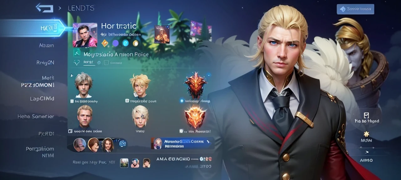 
The image is a screenshot from a video game character selection screen,masculine male, masterpiece, ((perfect eyes)) best quality, (semirealism:1.9), beautiful lighting, (extremely detailed CG unity 4k fhd wallpaper), High Detail, Sharp focus, dramatic outdoors, 1 man ,30 years old, featuring a male, hand gold, blonde hair and black a suit. 