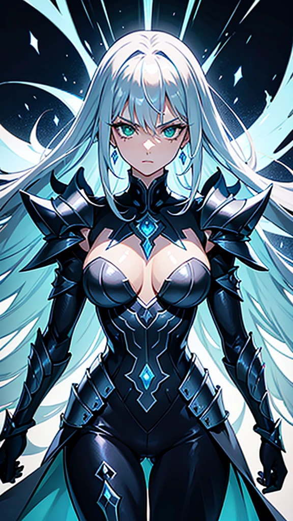 She has a mature, defined face with a firm jawline and high cheekbones, intense green eyes, and long black hair with loose strands framing her face. Her skin is tanned and glowing. She has a curvier and more athletic physique, with well-defined muscles and an imposing yet graceful presence. Elara is wearing an elaborate armor made from the spoils of Nargoth. The armor is dark metal with glowing runes and features blue, ice-like adornments. It includes stylized shoulder pads, a robust chestplate with dragon emblems, and a flowing cape, reflecting strength and elegance.