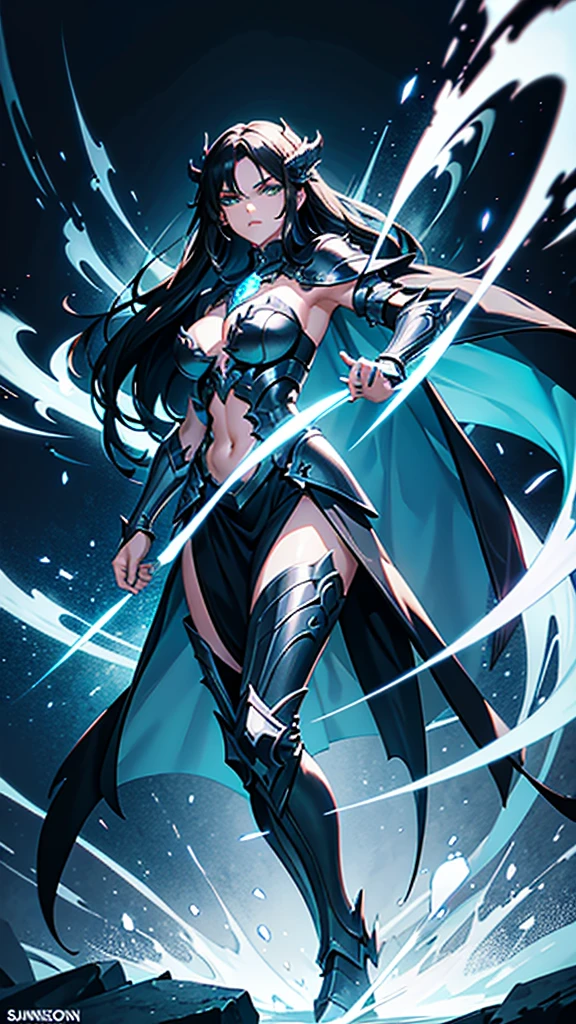 She has a mature, defined face with a firm jawline and high cheekbones, intense green eyes, and long black hair with loose strands framing her face. Her skin is tanned and glowing. She has a curvier and more athletic physique, with well-defined muscles and an imposing yet graceful presence. Elara is wearing an elaborate armor made from the spoils of Nargoth. The armor is dark metal with glowing runes and features blue, ice-like adornments. It includes stylized shoulder pads, a robust chestplate with dragon emblems, and a flowing cape, reflecting strength and elegance.