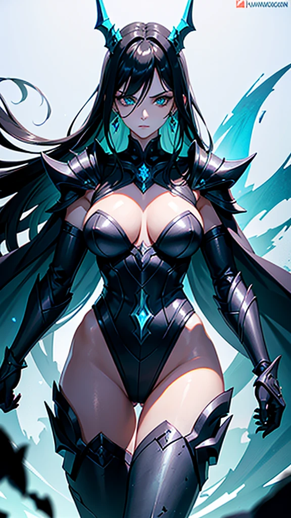 She has a , defined face with a firm jawline and high cheekbones, intense green eyes, and long black hair with loose strands framing her face. Her skin is tanned and glowing. She has a curvier and more athletic physique, with well-defined muscles and an imposing yet graceful presence. Elara is wearing an elaborate armor made from the spoils of Nargoth. The armor is dark metal with glowing runes and features blue, ice-like adornments. It includes stylized shoulder pads, a robust chestplate with dragon emblems, and a flowing cape, reflecting strength and elegance.