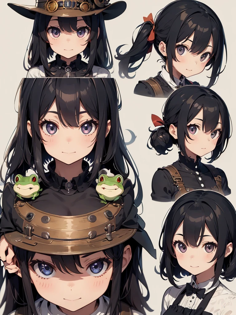 Frog-like face、Distant eyes、Big Mouth、Low Nose、steampunk、Three-dimensional view、Front, side and back view、Character Sheet、Standing woman