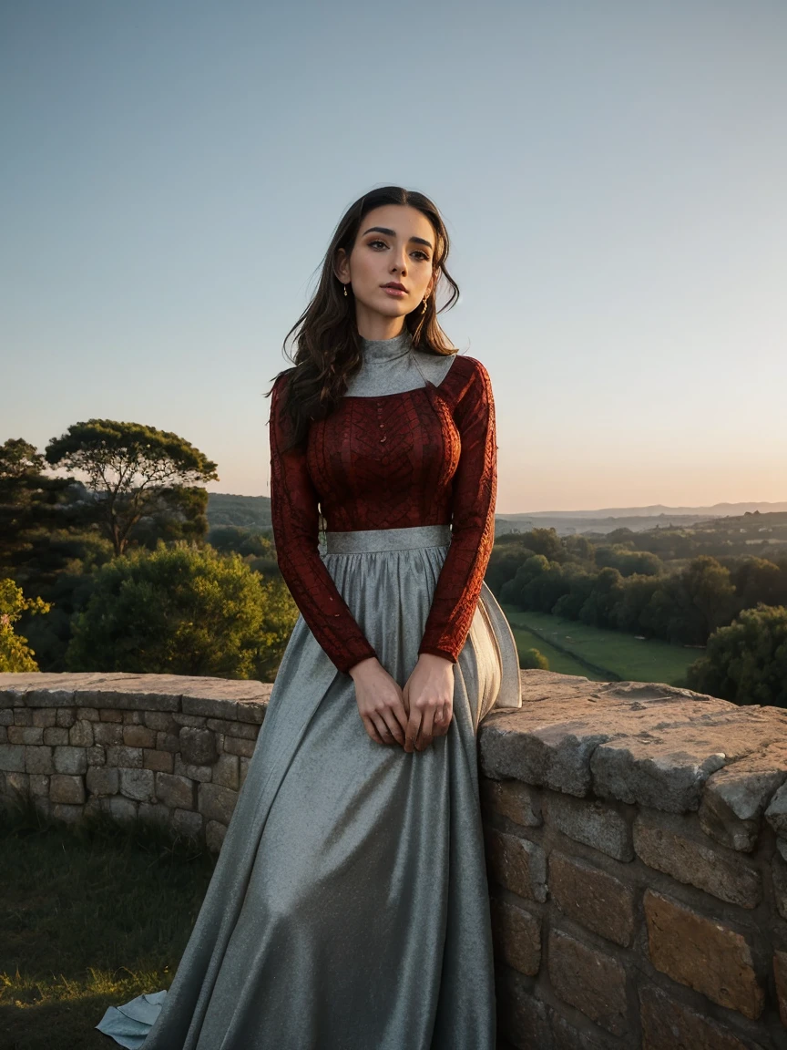 Beautiful and regal, imperious and aloof, busty athletic (thin) brunette queen with sharp facial features wearing a modest updo, dark red medieval dress, long sleeves, intricate patterns, embroidery, wide neck, crown, veil, long dress, modest dress, tight bodice, (silver waist chain), medieval jewelry, Middle Ages, castle, rampart, wall, exterior, on top of a castle wall, trees, countryside, evening, sunset.