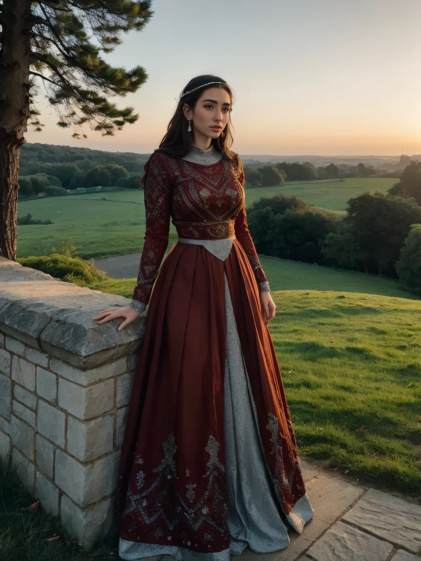 Beautiful and regal, imperious and aloof, busty athletic (thin) brunette queen with sharp facial features wearing a modest updo, dark red medieval dress, long sleeves, intricate patterns, embroidery, wide neck, crown, veil, long dress, modest dress, tight bodice, (silver waist chain), medieval jewelry, Middle Ages, castle, rampart, wall, exterior, on top of a castle wall, trees, countryside, evening, sunset.
