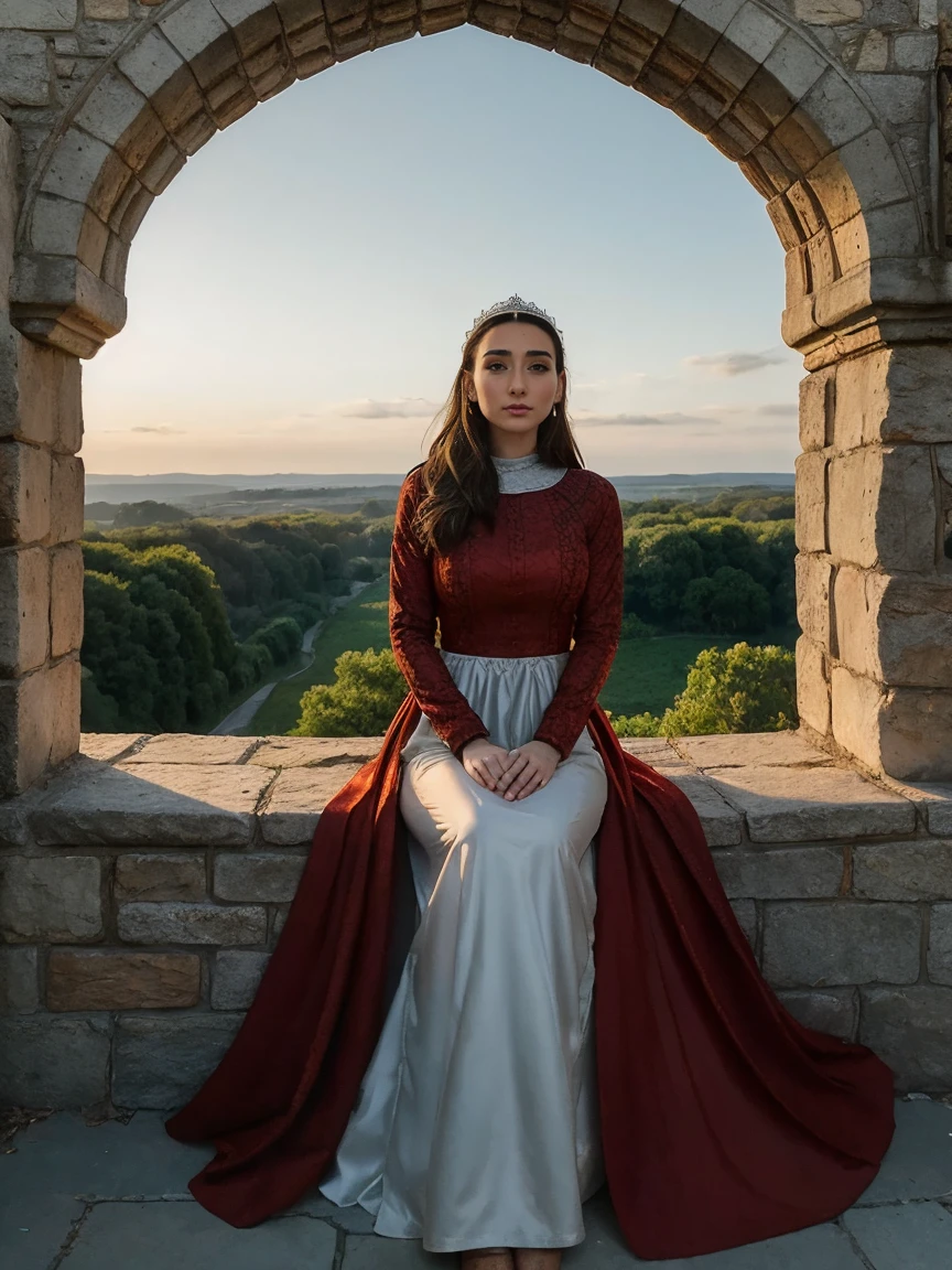 Beautiful and regal, imperious and aloof, busty athletic (thin) brunette queen with sharp facial features wearing a modest updo, dark red medieval dress, long sleeves, intricate patterns, embroidery, wide neck, crown, veil, long dress, modest dress, tight bodice, (silver waist chain), medieval jewelry, Middle Ages, castle, rampart, wall, exterior, on top of a castle wall, trees, countryside, evening, sunset.