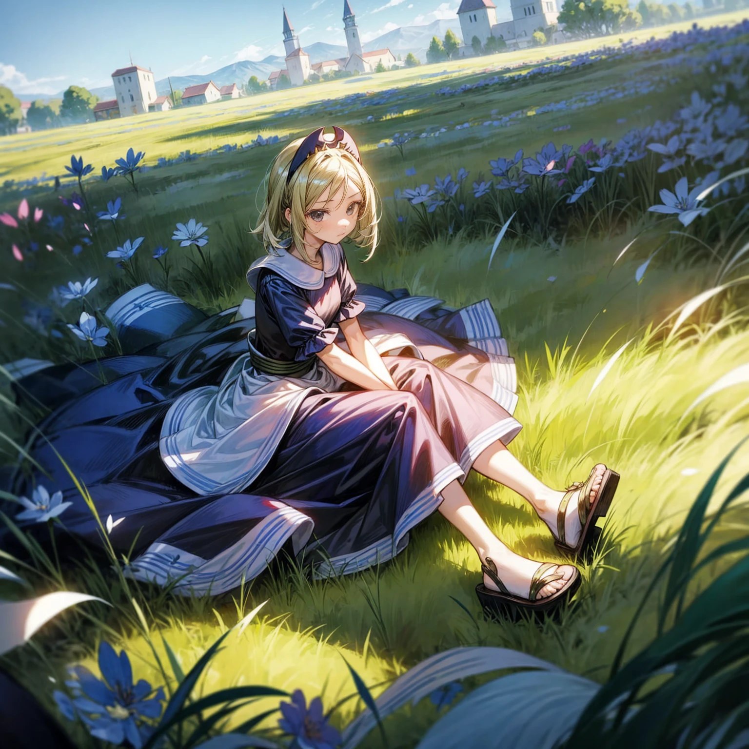 1childern girl, Full body version, 1character, black eyes, long Frizzy haircut, blue colour hair, maid clothing, long dress clothing, headband, sandals, Grassroots, full background in field town, motion blur, lighting, (one piece art), sitting poses,