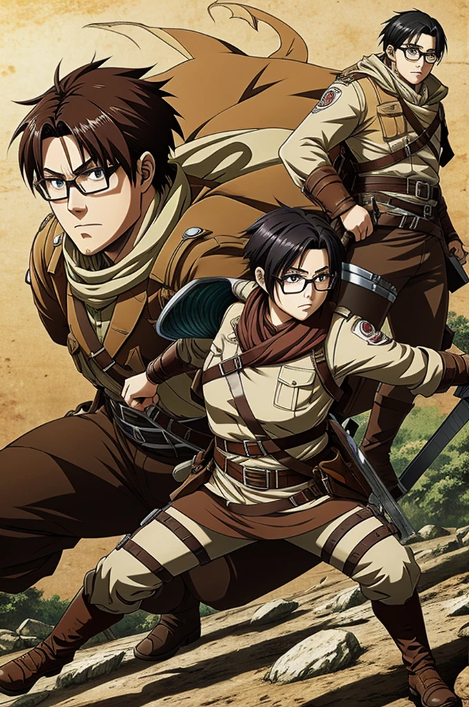 Shingeki no kyojin warrior league of explorers character, with glasses, short hair tall and obese anime style , man