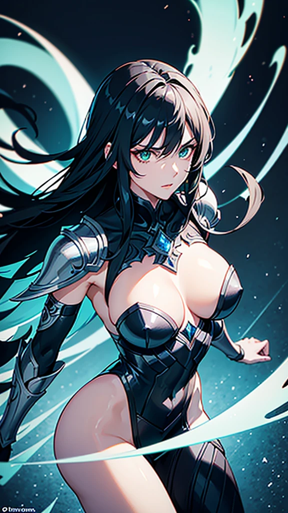 She has a mature, defined face with a firm jawline and high cheekbones, intense green eyes, and long black hair with loose strands framing her face. Her skin is tanned and glowing. She has a curvier and more athletic physique, with well-defined muscles and an imposing yet graceful presence. Elara is wearing an elaborate armor made from the spoils of Nargoth. The armor is dark metal with glowing runes and features blue, ice-like adornments. It includes stylized shoulder pads, a robust chestplate with dragon emblems, and a flowing cape, reflecting strength and elegance.