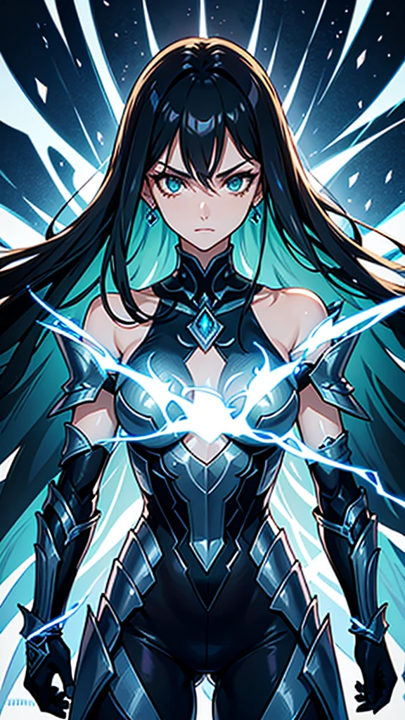 She has a mature, defined face with a firm jawline and high cheekbones, intense green eyes, and long black hair with loose strands framing her face. Her skin is tanned and glowing. She has a curvier and more athletic physique, with well-defined muscles and an imposing yet graceful presence. Elara is wearing an elaborate armor made from the spoils of Nargoth. The armor is dark metal with glowing runes and features blue, ice-like adornments. It includes stylized shoulder pads, a robust chestplate with dragon emblems, and a flowing cape, reflecting strength and elegance.