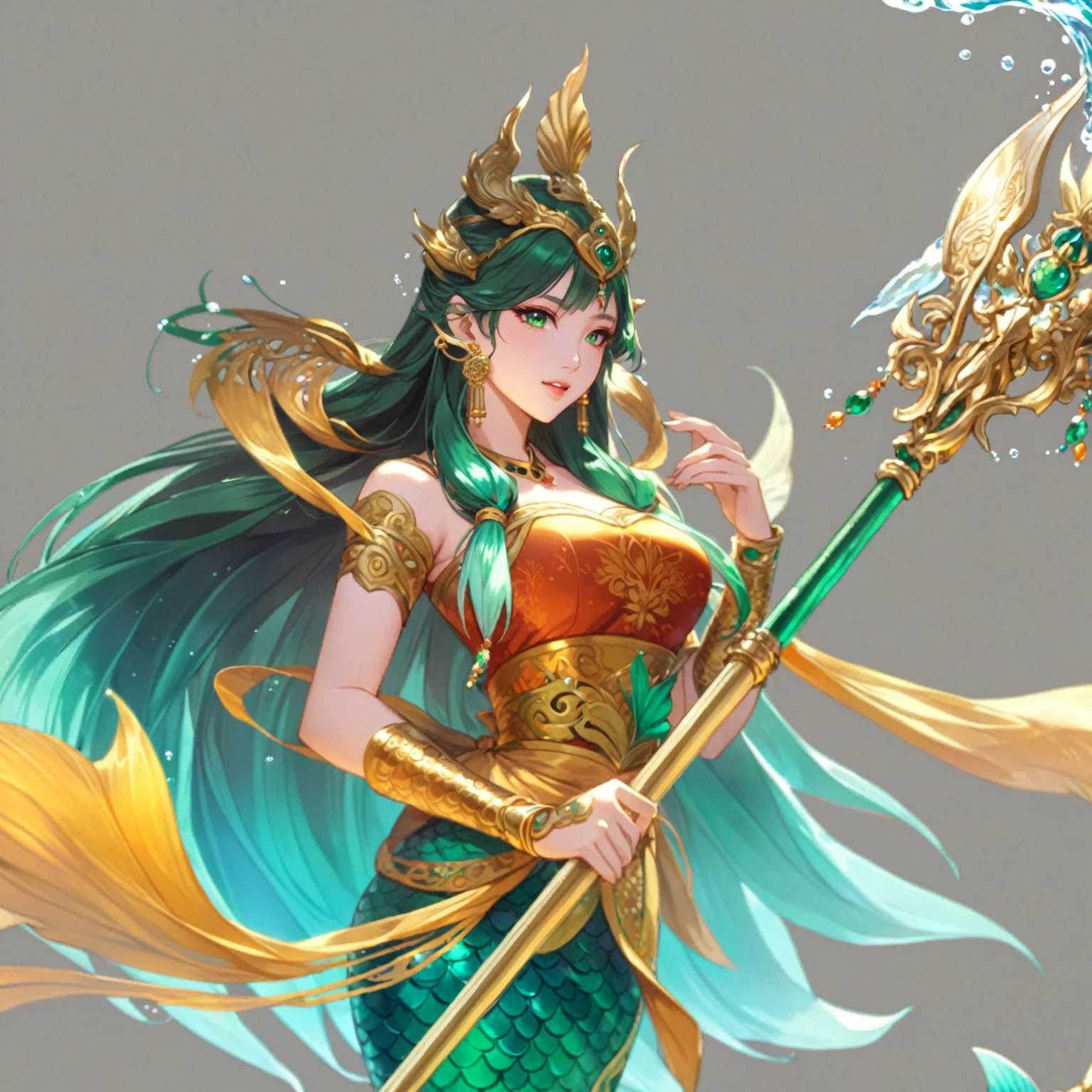 masterpiece, best quality, good quality, Fantasy Aesthetic, Highly detailed, shadowverse style, female, dark green hair,  indonesian traditional clothes aesthetic, mermaid, fin ear