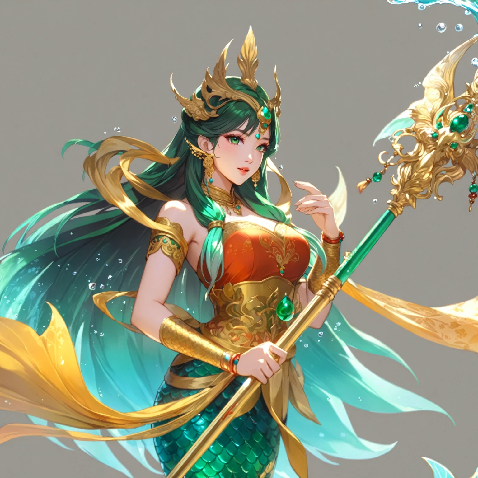 masterpiece, best quality, good quality, Fantasy Aesthetic, Highly detailed, shadowverse style, female, dark green hair, indonesian traditional clothes aesthetic, mermaid, fin ear