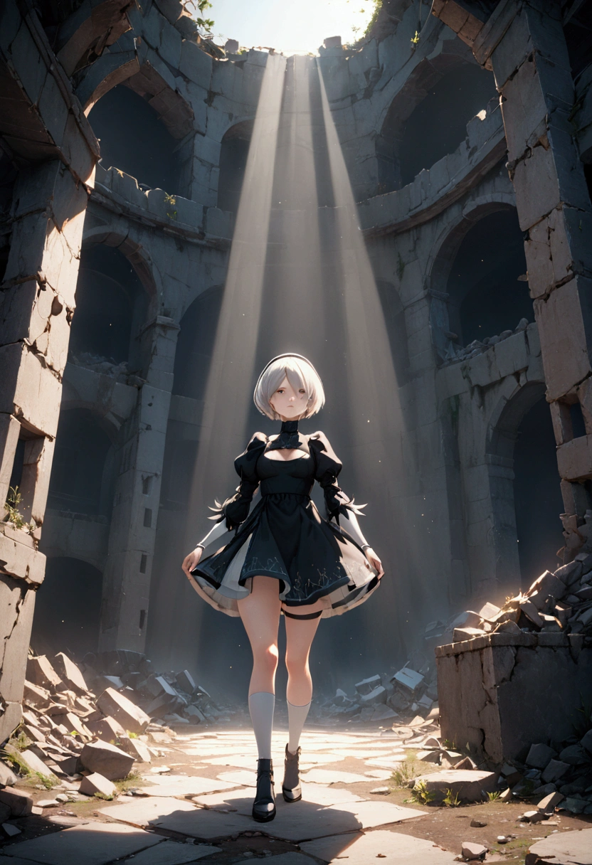 ((Highest quality)), ((Artwork)), (Very detailed:1.3), 2B in the ruins of a forgotten war city, Ancient Technology, Nier Automata, Are standing, whole body, Photo Essay, Face Focus, Gazing at the sky, High resolution (High Frequency Dynamics), Ray Tracing, NVIDIA, Super Resolution, Unreal 5, Underground diffusion, PBR Textures, Post-processing, Anisotropic Filtering, Depth of written boundary, The best cutting and sharpness, Multilayer Texture, Albedo and highlight map, Surface Shading, Accurate simulation of interactions between lightweight materials, Perfect Proportions, Octane Rendering, Duotone Lighting, Low ISO, White balance, Three-part method, Large diameter, 8K RAW, Efficient Subpixel, Subpixel Convolution, Luminous Particles, Light Scattering, Tyndall effect