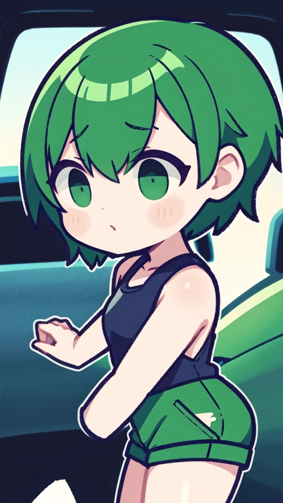 girl short greenish hair automotive sportswear sad discouraged