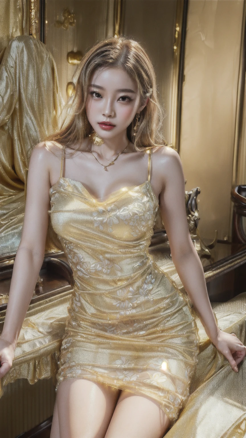 a close up of a woman in a dress sitting on a table, sexy dress, translucent dress, translucent silky dress, gorgeous chinese model, golden dress, iridescent shiny sheer lingerie, elegant gold body, see through dress, photo of slim girl, opened dress, photo of slim girl model, beautiful asian girl, sexy girl, gold clothes, sexy gown, chinese dress