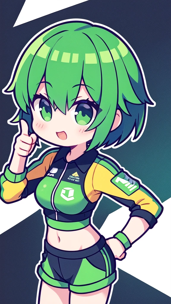 girl with short greenish hair giving a thumbs up to the camera automotive sportswear