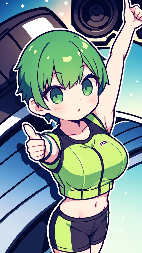 girl with short greenish hair giving a thumbs up to the camera automotive sportswear