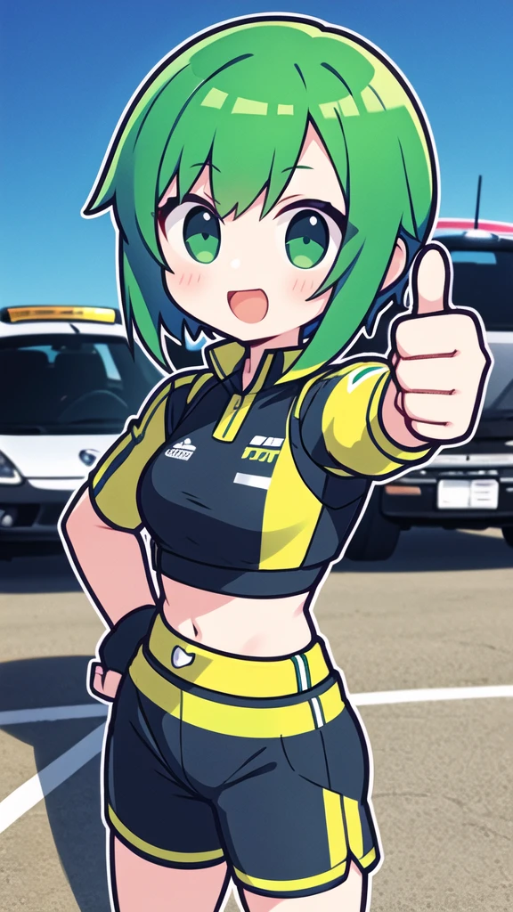 girl with short greenish hair giving a thumbs up to the camera automotive sportswear