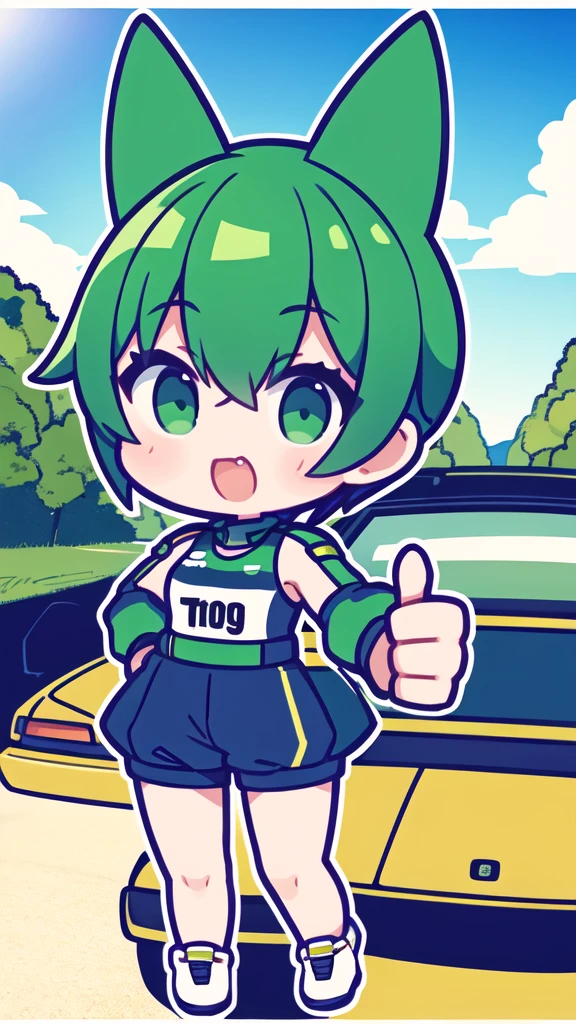girl with short greenish hair giving a thumbs up to the camera automotive sportswear