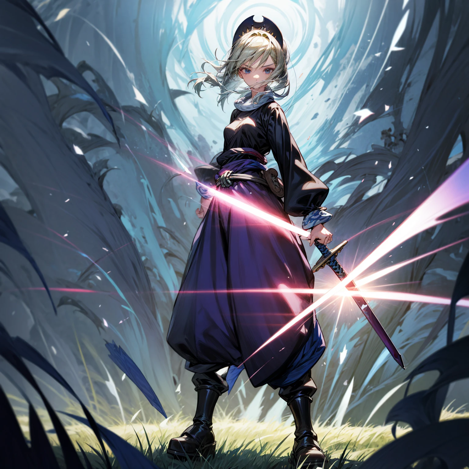 1girl, Full body version, 1character, black eyes, long Frizzy haircut, blue colour hair, medieval clothing, long pants, headband, boots, Grassroots, full background in field town, motion blur, lighting, (one piece art), standing poses, sword in hand