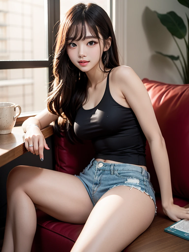 realistic photos of (1 cute Korean star) Shoulder-length hair, thin makeup, medium breasts size, slightly smile, rest one's chin on one's hands, wearing tank top, and shorts, sitting in living room, with cartoon book on the table, vanishing point, caustics, overexposure, sparkle, UHD, super detail, 16k