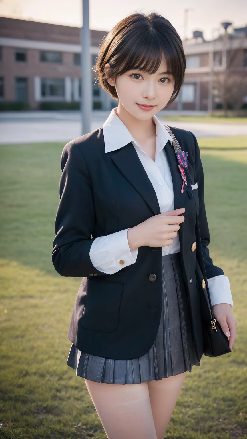 (Highest quality,8K quality,masterpiece:1.3),(超High resolution,photoRealistic:1.4,Live Shooting),(Very detailedな,Caustics,Detailed Background),(ultra-Realistic capture,Beautiful and detailed skin,Perfect Anatomy),At dusk,Sunset sky,School building,Schoolyard,10 years old,cute,single eyelid,Black short hair,School Blazer Uniform,Looking into the camera,A sloppy smile,Bust up shot,Natural light、Uruchan-6500-v1.1, (RAW Photos:1.2), (Realistic:1.4), Beautiful detailed girl, Very detailed eyes and face, Beautiful and beautiful eyes, that&#39;Ridiculous, incredibly that&#39;Ridiculous, Large file size, Very detailedな, High resolution, Very detailed, Highest quality, masterpiece, Kemomimi, ((Japanese Girls&#39; High School Uniform)), shape, Very detailed, CG, Unified, 8k wallpaper, wonderful, The finer details, masterpiece, Highest quality, Very detailed CG uniform 8k wallpaper, The light shines on your face, Cinema Lighting, 1 girl, 10 years old, ((No pants)), ((Dynamic pose))), (Camel Toe), (half), (pantyhose), (Sit with your knees bent))、Black short bob、Sailor suit、Junior high school girl、(((Big Breasts:1.3)))