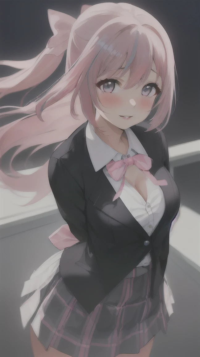 high quality, top-down composition, small breasts, (((pink hair, :1.5))), high quality, (8K, raw, best quality, real 1.2)), ultra high quality, high resolution, best quality, perfect face, perfect limbs, perfect fingers, high resolution, girl in abandoned school background 1, (beautiful anime face, cute face, detailed face), --- BREAK,((Detailed drawing of Nijigasaki High School idol club uniform 1.5)),((Black blazer 1.5)),((White skirt with black plaid 1.5)),((Red ribbon 1.5)),Adorable facial expression,Miniature clothes),Light smile,Closed mouth,Parted lips,Pink lipstick,BREAK,Standing,Turning around,Back view,Cowboy shot,Miniature human hand,((Details of school background 1.3)),8 Descriptions Big and thin Manga style,Perfect anatomy,Perfect proportions,Night,Nice lighting,Bright colors,Clean lines,Information,((Girl's room 1.4)),Bed,Blurred,Stunning facial expression,Restless emotions,Gorgeous,Pretty,Detailed beautiful face and eyes,(Masterpiece)Beautiful face,Young handsome girl,Real perfect skin,Blurred,Stunning facial expression,Restless emotions,Gorgeous,Pretty,Detailed beautiful face and eyes,(Audrey Hepburn),(), Blake, fine and beautiful skin with cleavage, (cute type), (J-pop idol), (thighs, (depth of field), (depth of field), soft light, glittering lens gaze, (droopy eyes), straight teeth, shy smile, floating hair, Blake's movie scene, cinematic full color, 4K, 8K, 16K lace, raw photo, must-see movie, professional color grade, professional photographer, , soft and clean focus, realistic lighting and shadows, ( (slender), (abdomen 0.95), (slim), (beautiful girl), (waist detail 1.15), (beautiful girl), (detail), open lips, red lips, full makeup face, (glowing skin), (perfect female body), (total length 1. perfect anatomy, perfect proportions, beautiful Korean actress face, very cute and beautiful Japanese actress face), (blush),