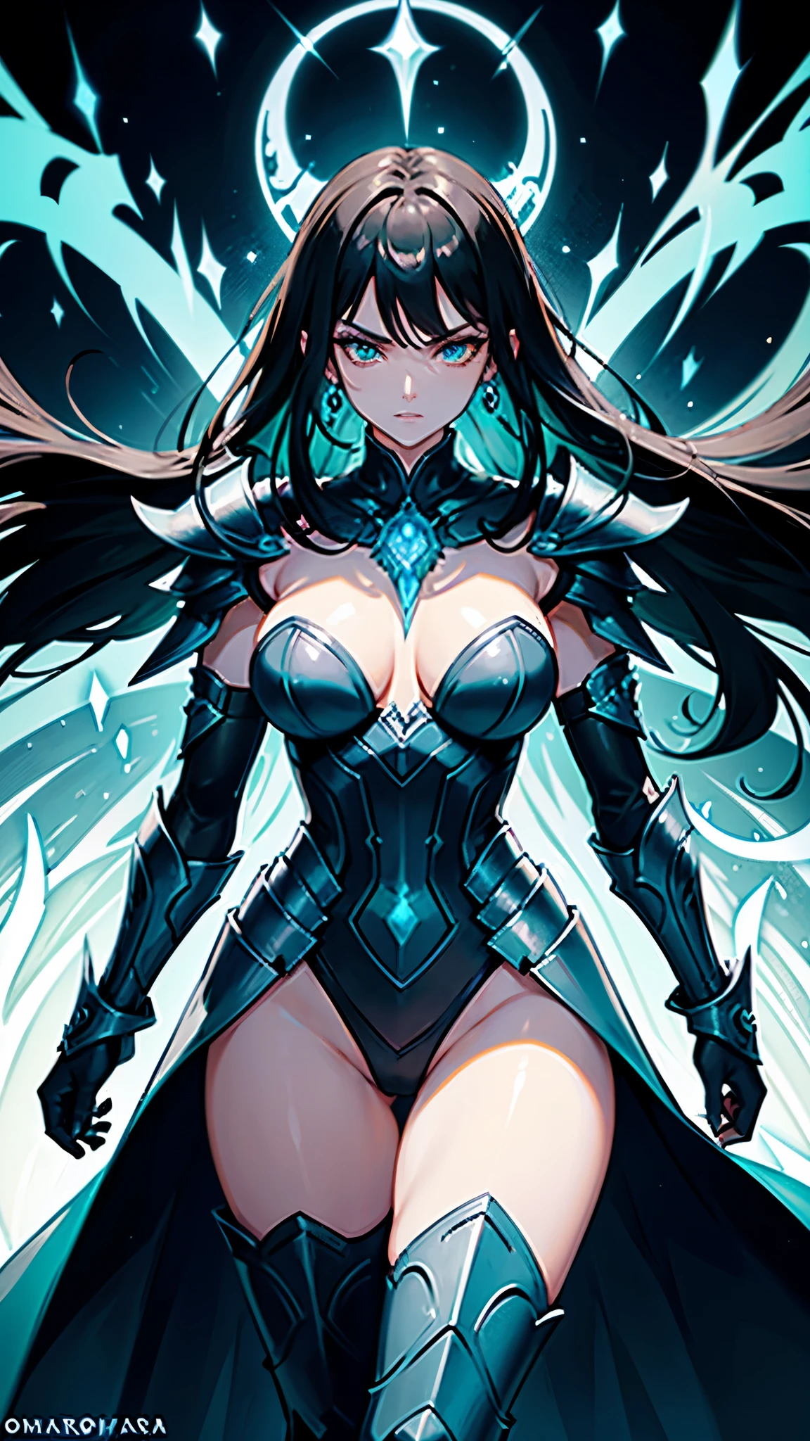 She has a mature, defined face with a firm jawline and high cheekbones, intense green eyes, and long black hair with loose strands framing her face. Her skin is tanned and glowing. She has a curvier and more athletic physique, with well-defined muscles and an imposing yet graceful presence. Elara is wearing an elaborate armor made from the spoils of Nargoth. The armor is dark metal with glowing runes and features blue, ice-like adornments. It includes stylized shoulder pads, a robust chestplate with dragon emblems, and a flowing cape, reflecting strength and elegance.
