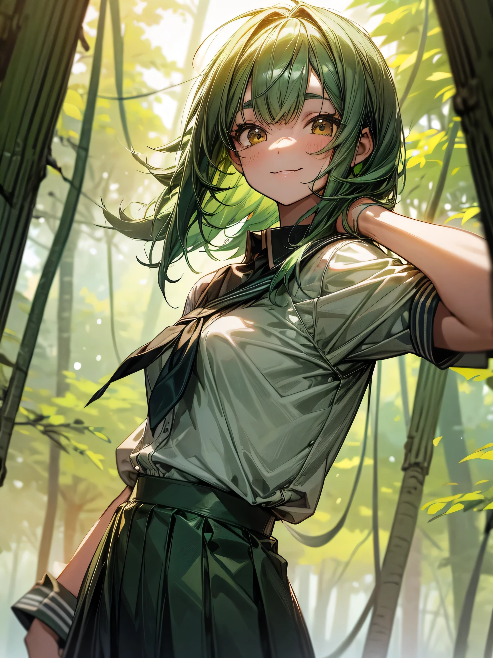 Young girl, short, messy green hair framing a face dominated by large, curious brown eyes and a warm smile. The uniform she wore identified her as a high school student. She is in a forest.