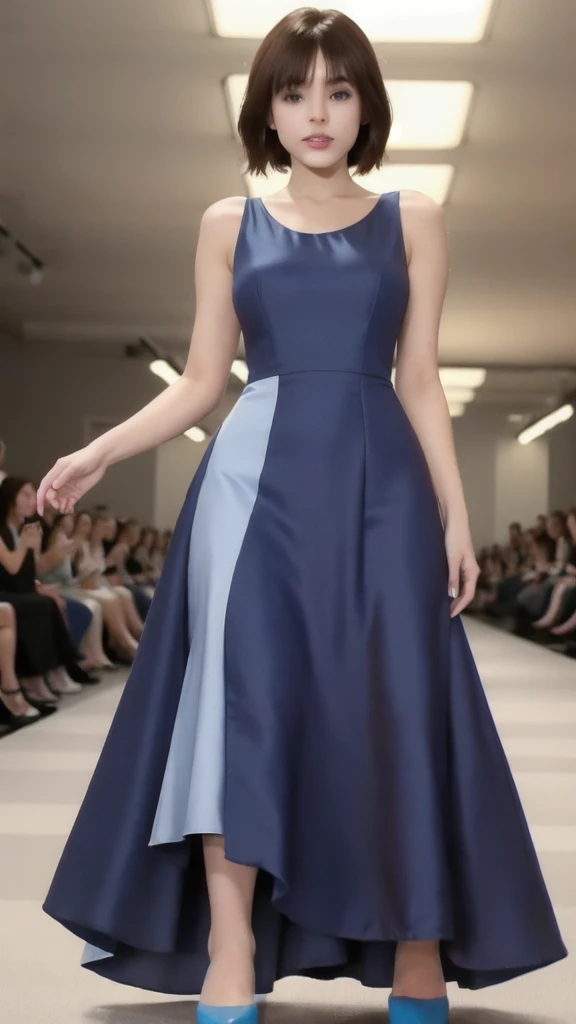 pureerosface_Version 1, best quality, realistic, 8ก, high resolution, Full color, 1 girl, woman, 20 years old woman holding bag, (gag:1.73), (scalping), (Portrait:0.6), ((fashion show runway:1.52)), Full color, ((Blue evening dress:1.58)), look at viewer:1.8, (1 girl eyes look at viewer:1.55), (medium hair, brown hair, Separate:1.45), (Bokeh),