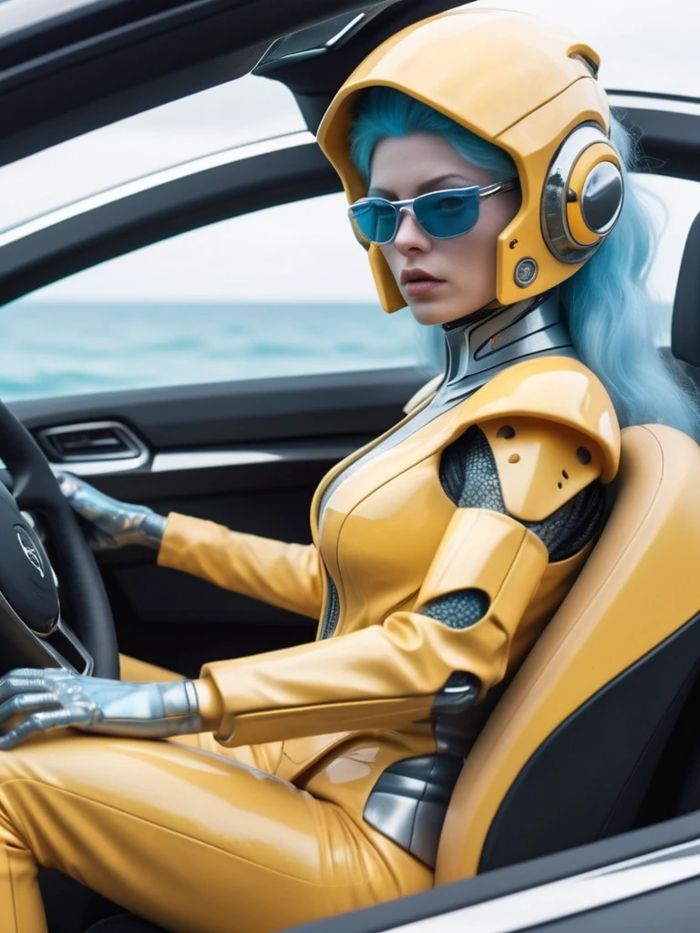 ral-opal, meahophontron, cyberpunk, alien woman (yellow suit, gray, light blue brown) With futuristic armor, (along with a supercar) blue colors, negro, gray con soft tones, background image: (driving through the sea) soft tones