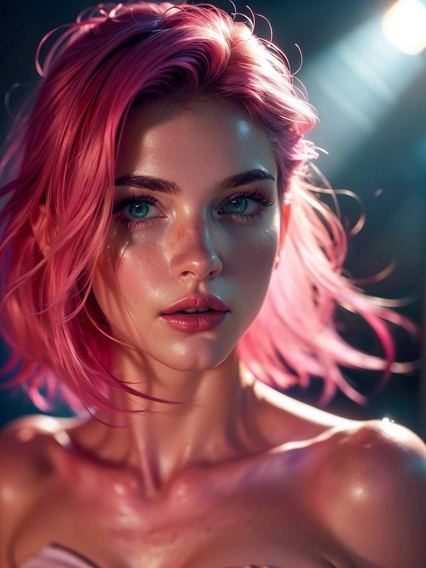 (((ultra realistic))) Photo, masterpiece, top quality, (pale skin), (Ultra detailed face and eyes:1.3), 1 girl, Adult, in a T-shirt, ((Eye makeup, pink mascara)), ((A slight smile)), ((large detailed lips)), ((Pink hair in the wind)), ((Chyolka)) , (Natural breasts), Slim waist. ((Posing)), photoshoot, studio (soft lighting), (The play of light and shadows), depth of field, bokeh, (special attention to skin detail: 1.2), Detailed leather texture, skin pores. (Warm atmosphere of the frame. Color range - purple, Pink, blue tones), UDR, ((Film grain)), ((rays)), (Glare), ((waist up portrait)) , ultra detialed,