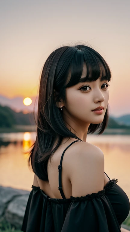 ,uma de uma mulher ela tem cabelo preto with bangs, Hime black haircut, ulzzang, korean, with short hair with bangs, with short hair, dilraba dilmurat, garota gótica korean cruel, white hime cut hairstyle, hair styled like bangs, with bangs, korean symmetrical face, sunset, lindo sunset, Clouded, forst, nature walk