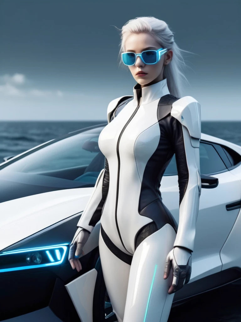 ral-opal, meahophontron, cyberpunk demonio, women (White suit , black gray) With futuristic armor, (along with a super sports car) blue colors, black, gray with soft tones, background image: (driving through the sea)